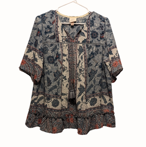 Knox Rose Popover Top | Size L | Blue Flower Pattern | NWOT - Picture 1 of 7